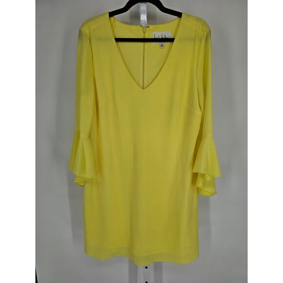 Nicole Miller womens Sz 14 Knee Length Dress Long Bell Sleeve Bright Yellow - Picture 1 of 3
